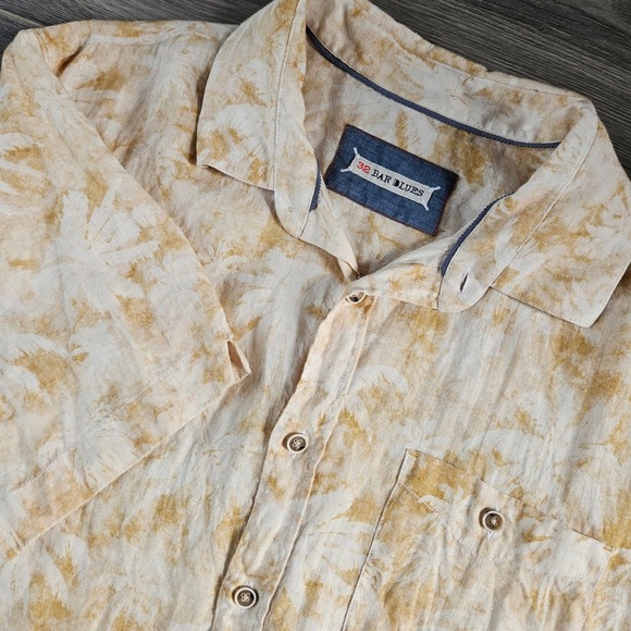 32 Bar Blues Other - 32 Bar Blues Mens Short Sleeve Linen Palm Print Button Down Shirt Tan Cream L